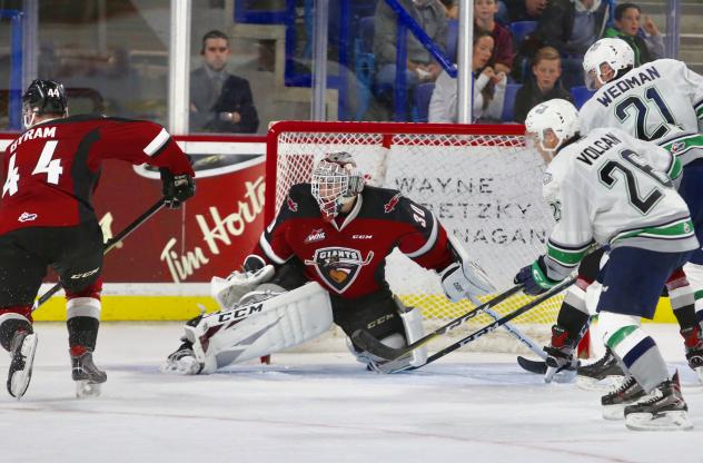 Vancouver Giants goaltender David Tendeck faces the Seattle Thunderbirds