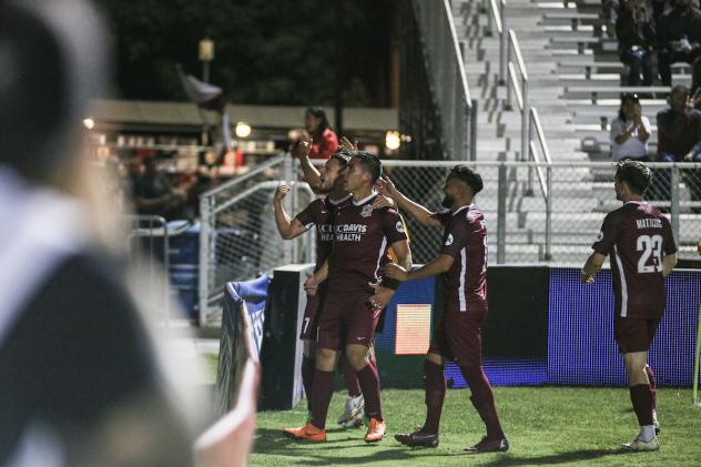Sacramento Republic FC celebrates a goal with the fans