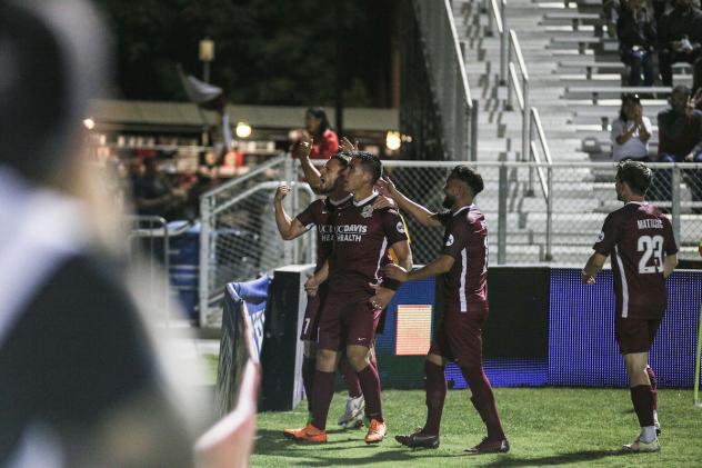 Sacramento Republic FC celebrates a goal with the fans