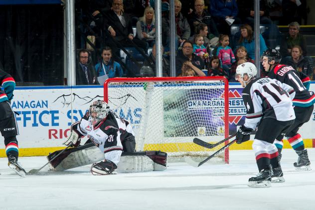 Vancouver Giants goaltender Trent Miner turns away the Kelowna Rockets