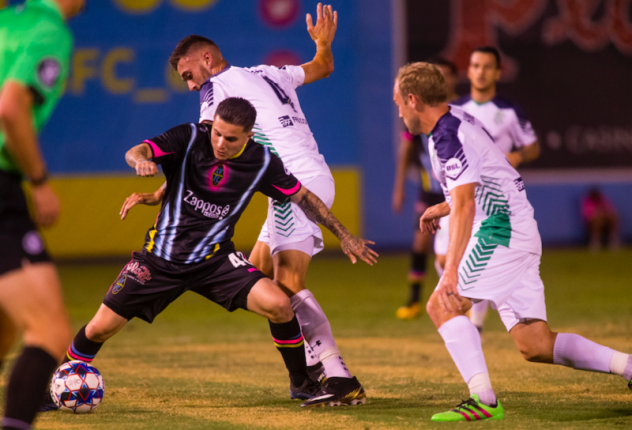 Las Vegas Lights FC's Raul Mendiola works through traffic against OKC Energy FC