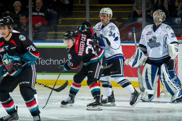 Kelowna Rockets battle for position in front of the Victoria Royals net