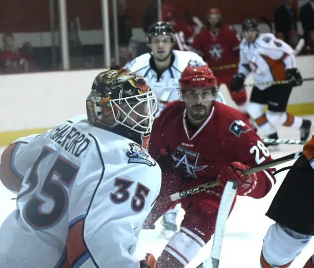 Miles Liberati of the Allen Americans eye the Kansas City Mavericks