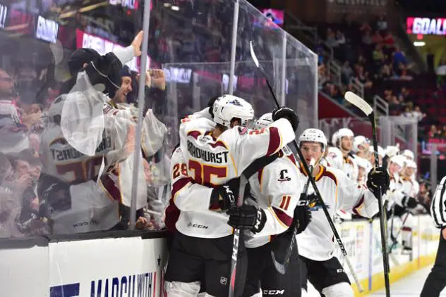Alex Broadhurst and the Cleveland Monsters celebrate a goal