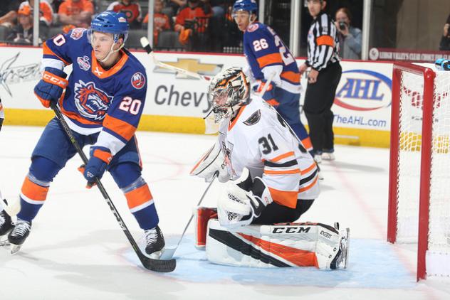 Lehigh Valley Phantoms goaltender Carter Hart stops the Bridgeport Sound Tigers