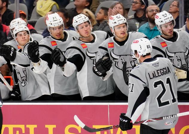 The San Antonio Rampage bench congratulates Joey LaLeggia
