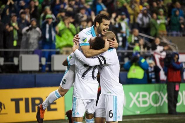 Seattle Sounders FC celebrates a Victor Rogriguez goal, one of his two on the night