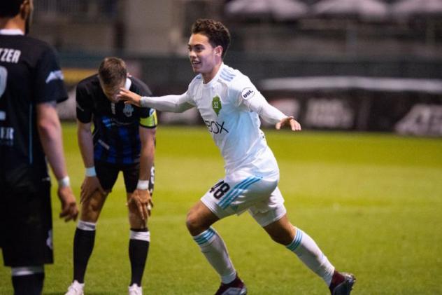 Alec Diaz of Sounders FC 2 celebrates his first professional goal