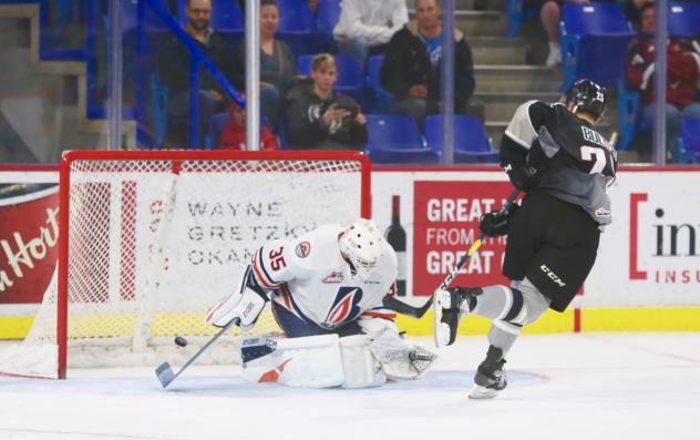 Kaleb Bulych of the Vancouver Giants scores against the Kamloops Blazers