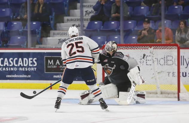 Vancouver Giants goaltender David Tendeck turns away the Kamloops Blazers