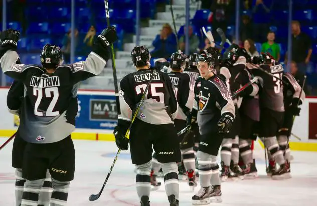 Vancouver Giants celebrate a shootout win over the Kamloops Blazers