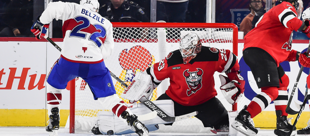 Binghamton Devils goaltender Mackenzie Blackwood stops the Laval Rocket