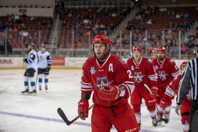 Spencer Asuchak of the Allen Americans after scoring a goal