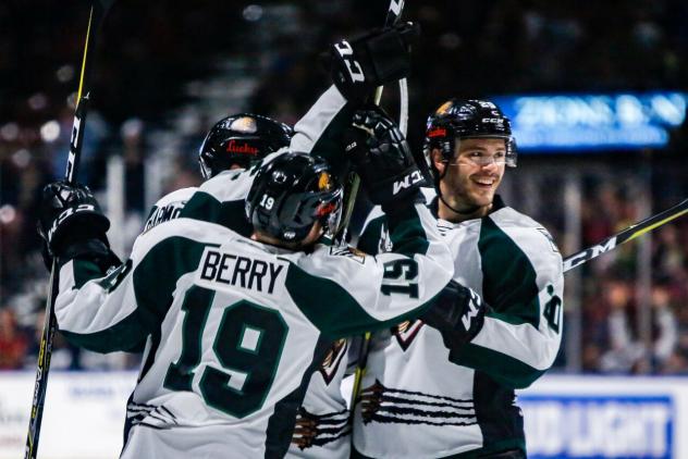 Matt Berry and the Utah Grizzlies celebrate a goal