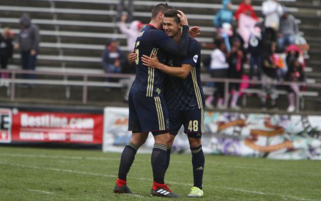 Bethlehem Steel FC celebrate Michee Ngalina's goal vs. the Tampa Bay Rowdies