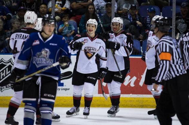 Vancouver Giants celebrate a Brayden Watts goal against the Victoria Royals