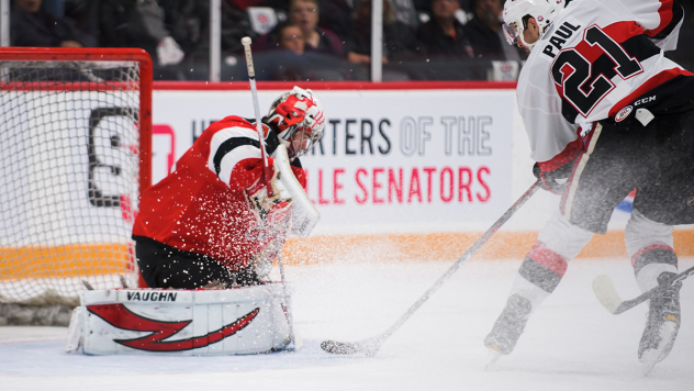 Binghamton Devils goaltender Cam Johnson vs. the Belleville Senators