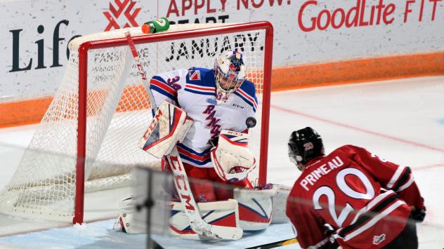 Kitchener Rangers goaltender Luke Richardson stops the Guelph Storm