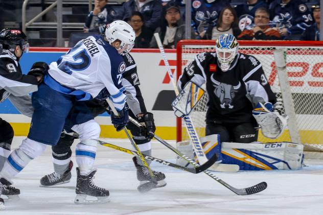 San Antonio Rampage goaltender Ville Husso faces the Manitoba Moose