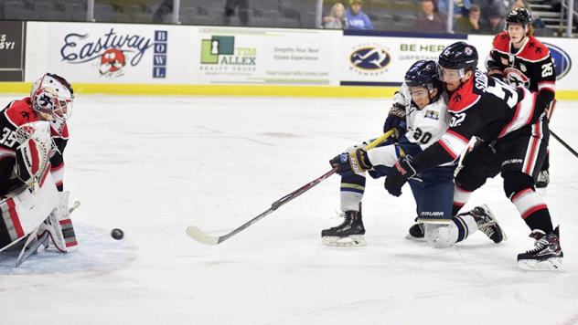 Sioux Falls Stampede forward Samuel Stevens gets off a shot against the Waterloo Black Hawks