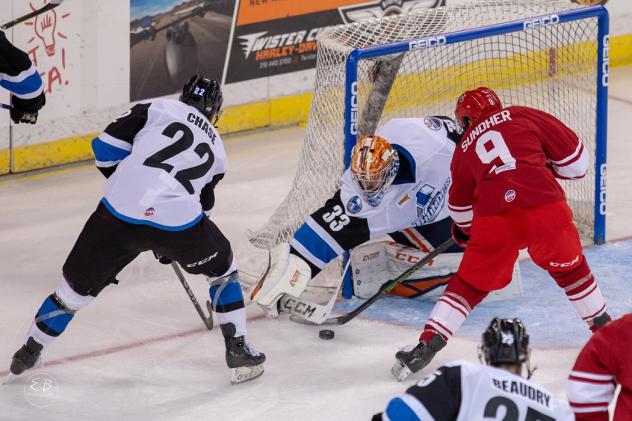 Kevin Sundher of the Allen Americans (9) pressures the Idaho Steelheads