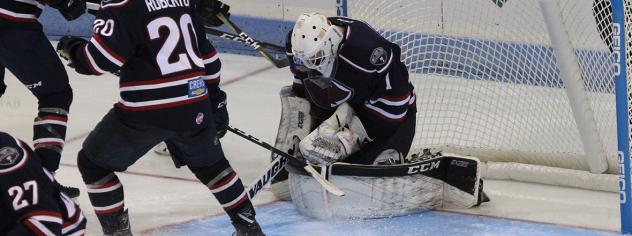 South Carolina Stingrays goaltender Adam Morrison makes a save against the Atlanta Gladiators