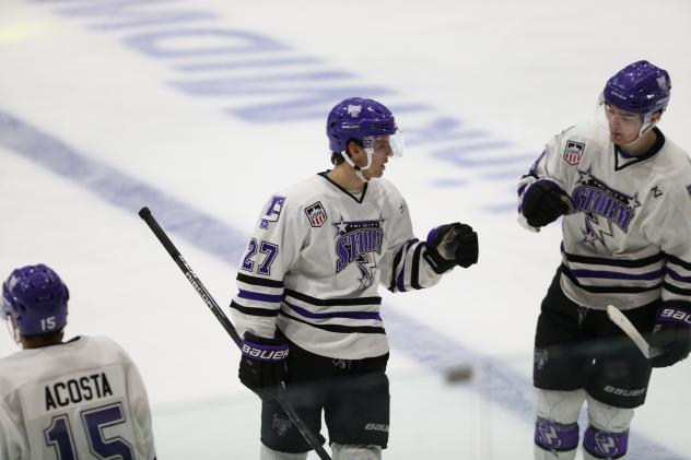 Tri-City Storm celebrate a goal vs. the Omaha Lancers