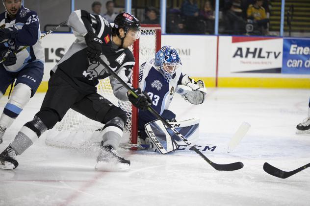 Jordan Nolan of the San Antonio Rampage drives the net vs. the Milwaukee Admirals