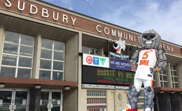 Rock Monster, the Sudbury Five mascot strikes a pose