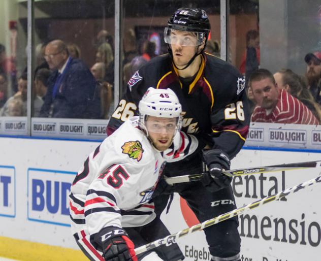Cleveland Monsters defenseman Doyle Somerby (26) vs. the Rockford IceHogs