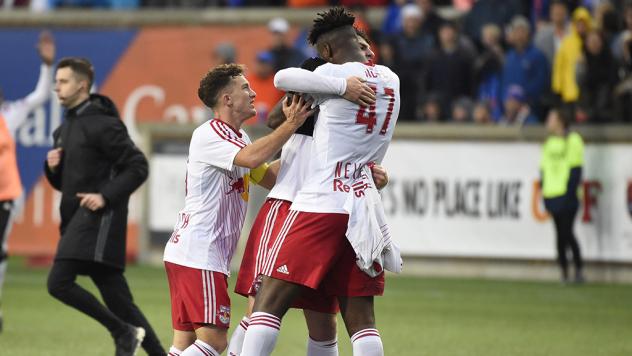 New York Red Bulls II celebrate their playoff upset of FC Cincinnati