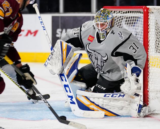 San Antonio Rampage goaltender Jordan Binnington stopped 25 shots against the Chicago Wolves for his 100th career win
