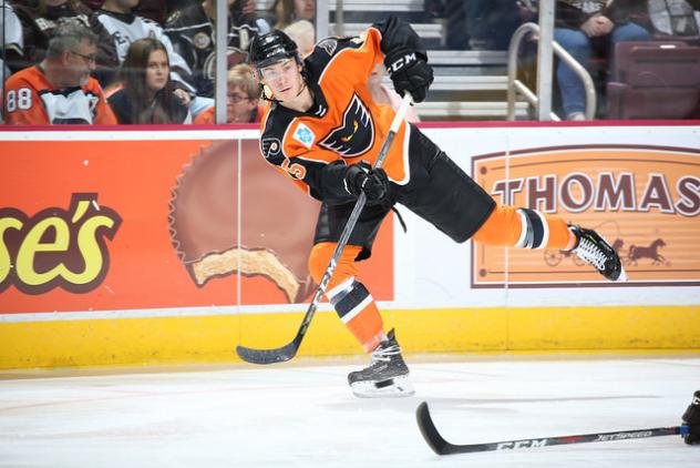 Lehigh Valley Phantoms C Mikhail Vorobyev fires a pass