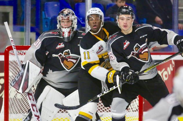 Vancouver Giants goaltender Trent Miner and defenseman Kaleb Bulych sandwich a member of the Brandon Wheat Kings