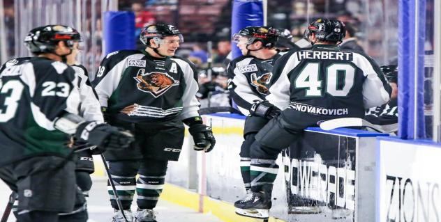 Utah Grizzlies discuss the game with their bench