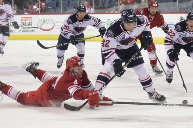 Spencer Asuchak of the Allen Americans hits the ice against the South Carolina Stingrays