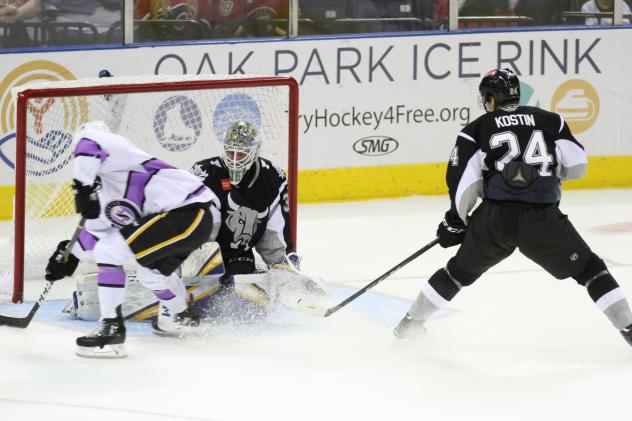 San Antonio Rampage goaltender Jordan Binnington stops the Stockton Heat