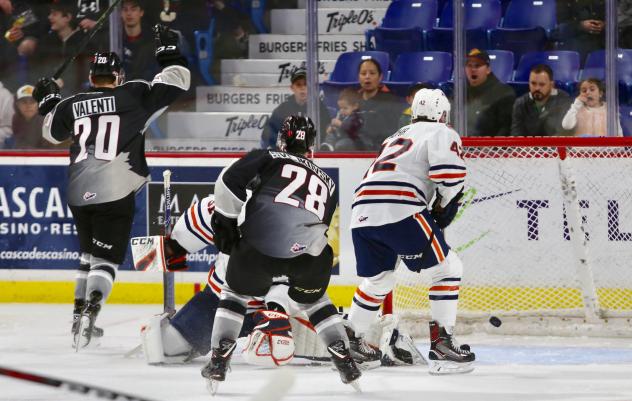 Vancouver Giants RW Yannik Valenti celebrates a goal against the Kamloops Blazers