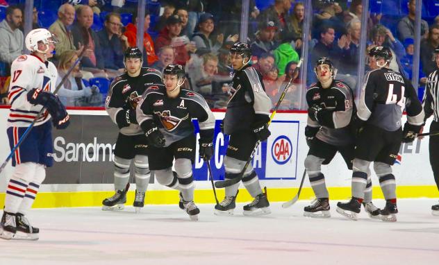 Milos Roman and the Vancouver Giants line up after Roman's goal against the Kamloops Blazers