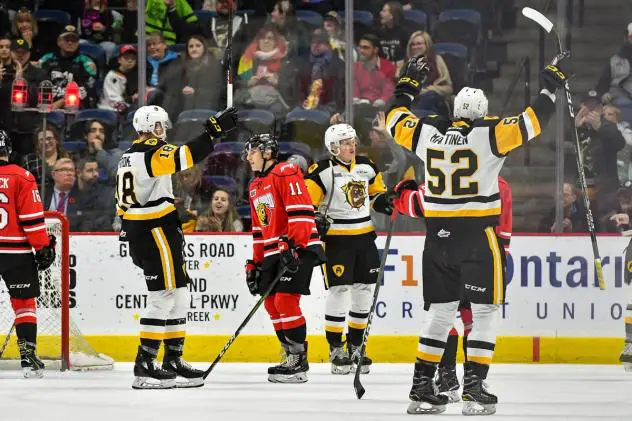 Hamilton Bulldogs celebrate against the Owen Sound Attack