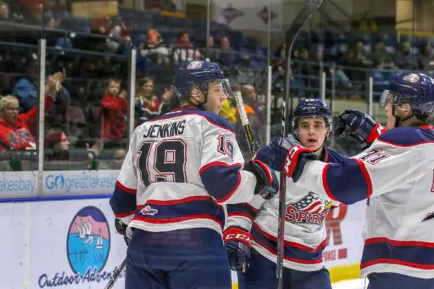 Blade Jenkins of the Saginaw Spirit received congratulations after his goal