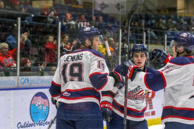 Blade Jenkins of the Saginaw Spirit received congratulations after his goal