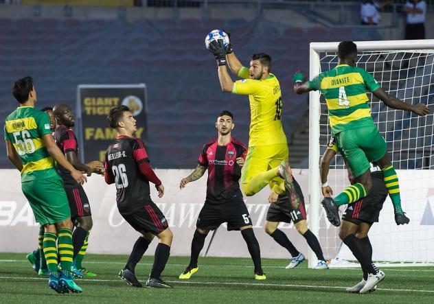 Ottawa Fury FC goalkeeper Maxime Crepeau makes a save against the Tampa Bay Rowdies