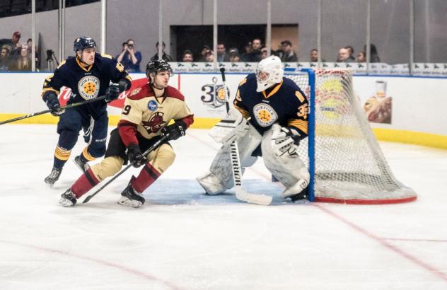 Norfolk Admirals goaltender Miroslav Svoboda fends off the Atlanta Gladiators