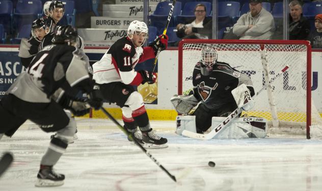 Vancouver Giants goaltender David Tendeck readies for the Prince George Cougars