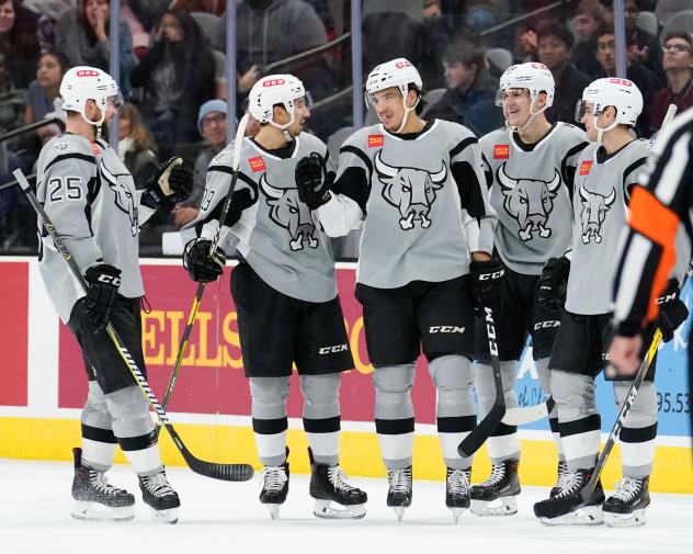 Jordan Nolan of the San Antonio Rampage celebrates one of his two goals against the Manitoba Moose