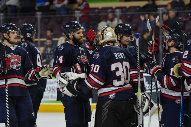 Justin Levac congratulates Macon Mayhem goaltender Jordan Ruby after Macon's shutout win