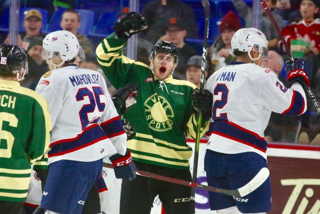 Milos Roman of the Vancouver Giants celebrates another goal vs. the Regina Pats