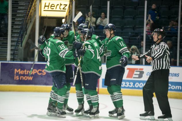 Florida Everblades celebrate one of their eight goals against the Atlanta Gladiators