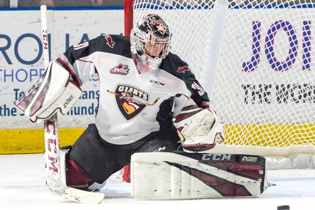 Vancovuer Giants goaltender Trent Miner makes a stop vs. the Seattle Thunderbirds